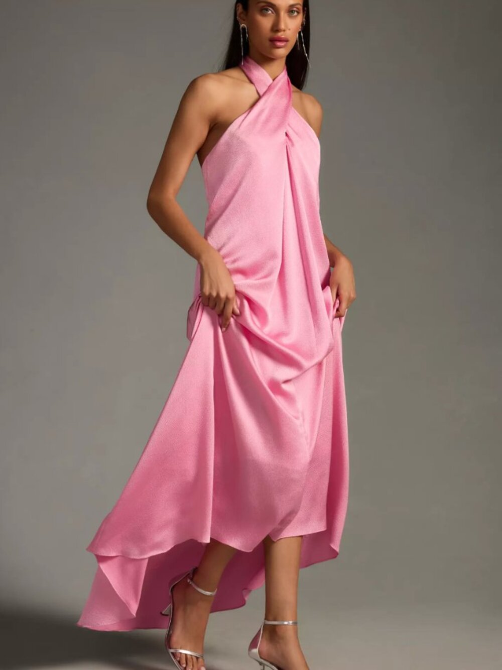 ML Monique Lhuillier Twist Halter High-Low Satin Gown- pink in a size 8